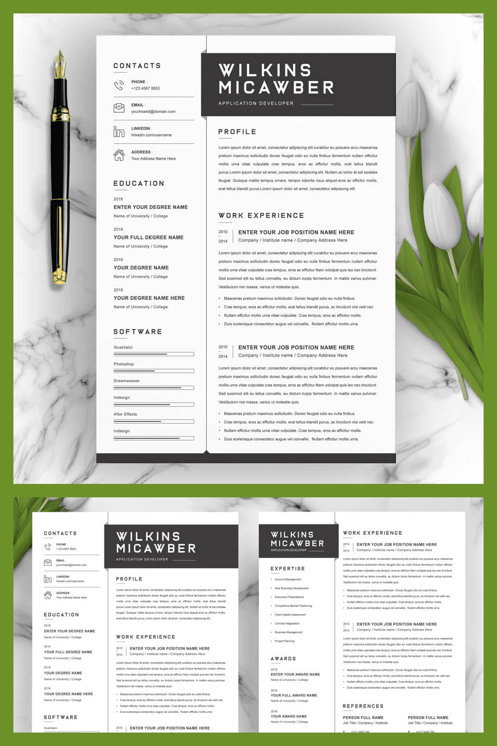Simple Resume Design Template - MasterBundles - Pinterest Collage Image.