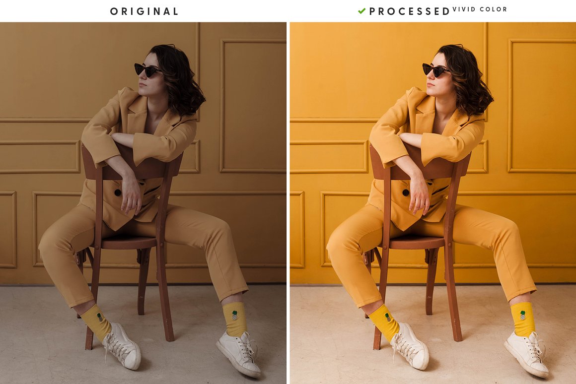 Stylish photoset in a yellow room with a girl in a yellow suit.