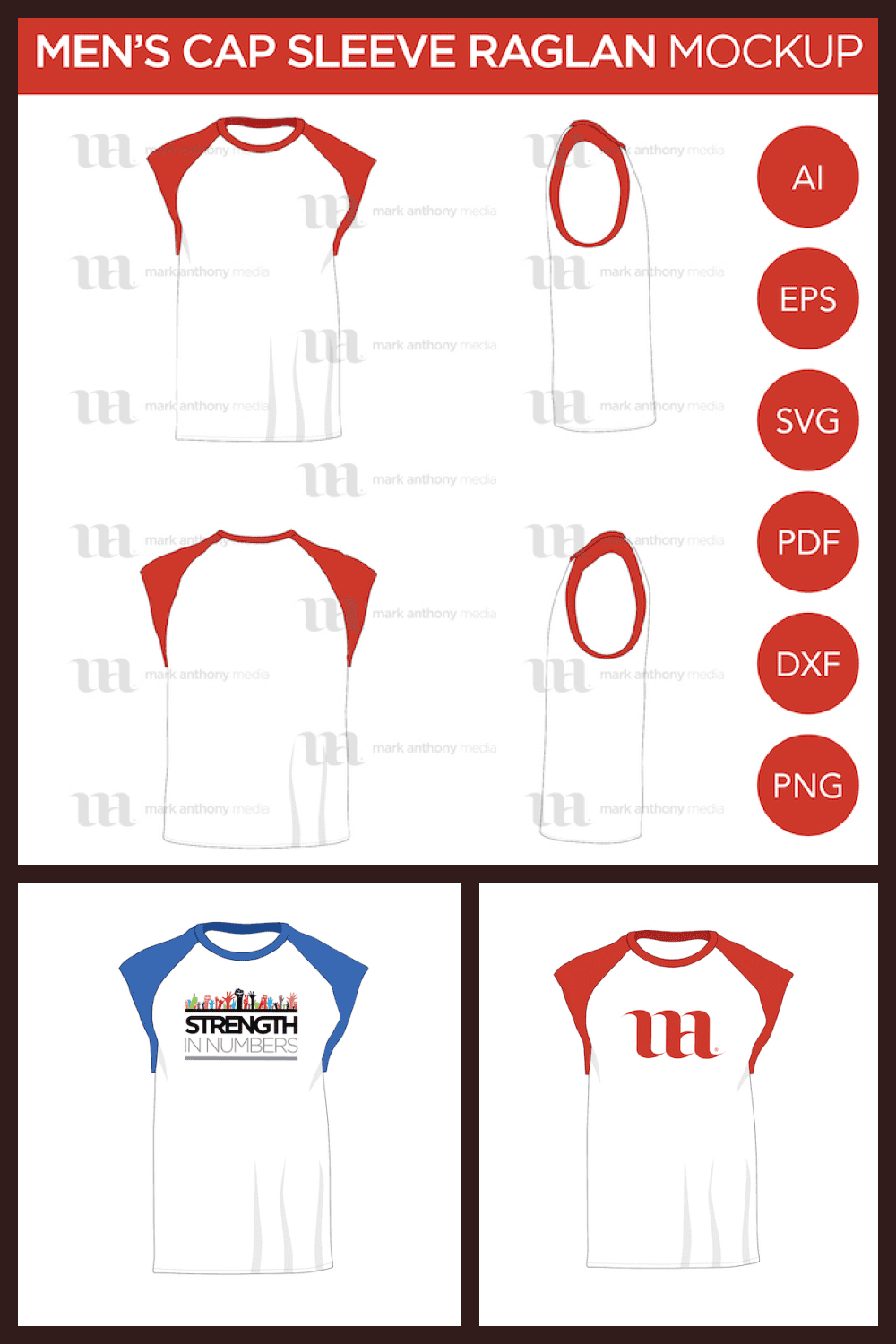 Raglan Men's Cap Sleeve/Sleeveless Shirt - Vector Mockup Template - MasterBundles - Pinterest Collage Image.