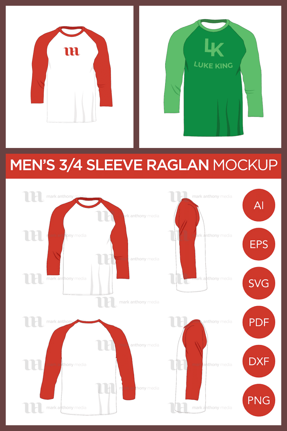 Raglan Men's 3/4 Sleeve Shirt - Vector Mockup Template - MasterBundles - Pinterest Collage Image.