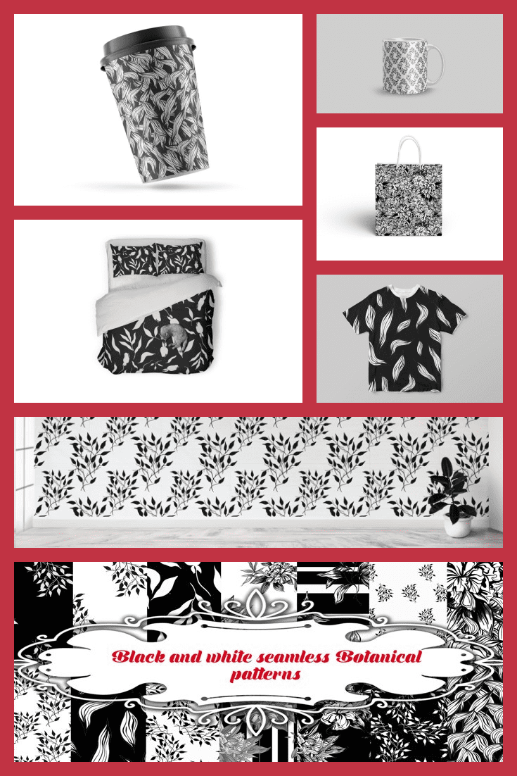 Black and White Seamless Botanical Patterns - MasterBundles - Pinterest Collage Image.