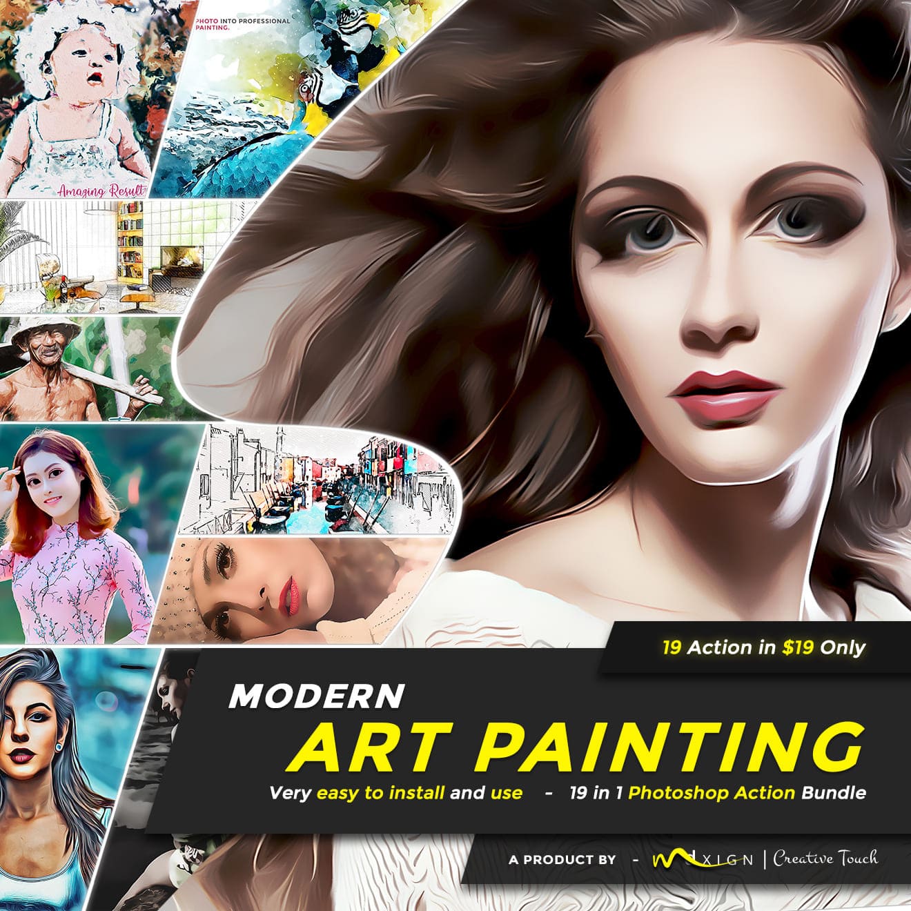 Modern Art Painting - 19 in 1 Photoshop Action Bundle.