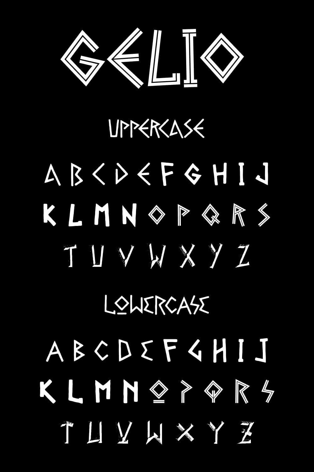 Lowercase and uppercase Pinterest collage for Gelio greek font free by MasterBundles.
