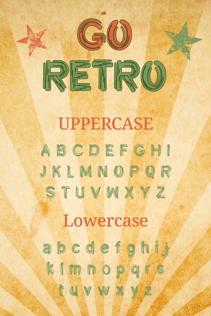 Pinterest collage image with Uppercase and Lowercase preview for Go Retro - retro font free by MasterBundles.
