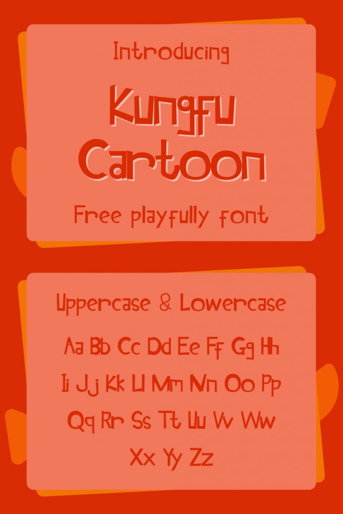 Pinterest Alpbabet Collage image with Kungfu Cartoon kung font free by MasterBundles.