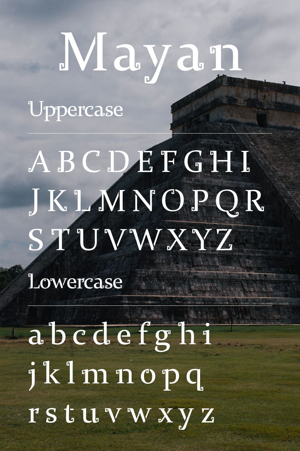 Pinterest Collage image with Alphabet preview for Mayan Typography maya free font by MasterBundles.