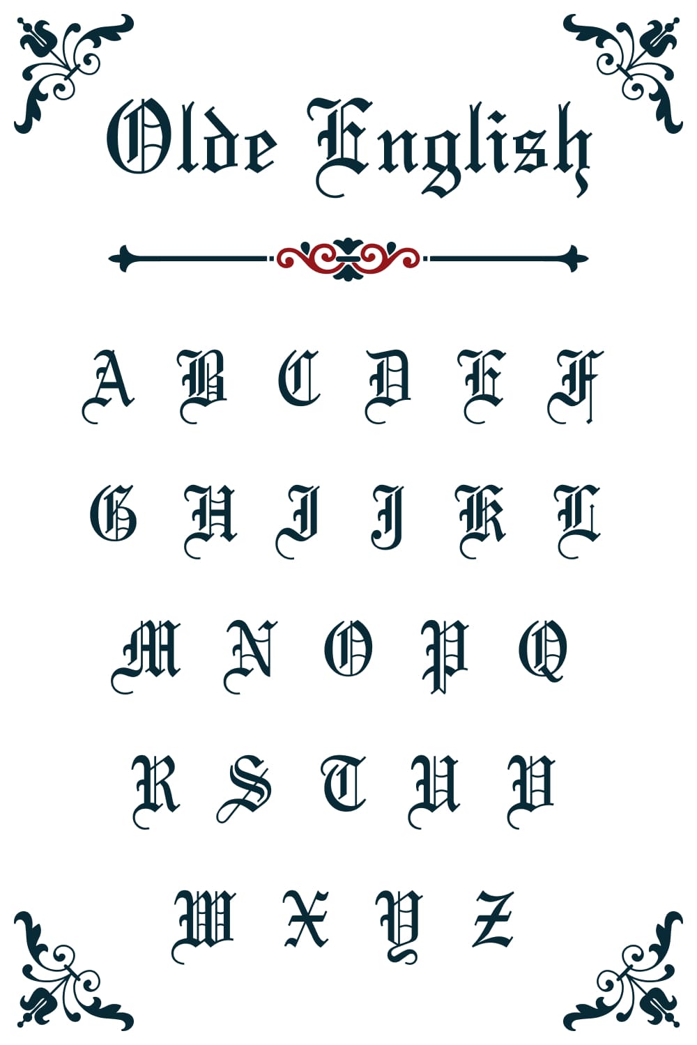 Pinterest preview charachters for Olde English - old english font free by MasterBundles.