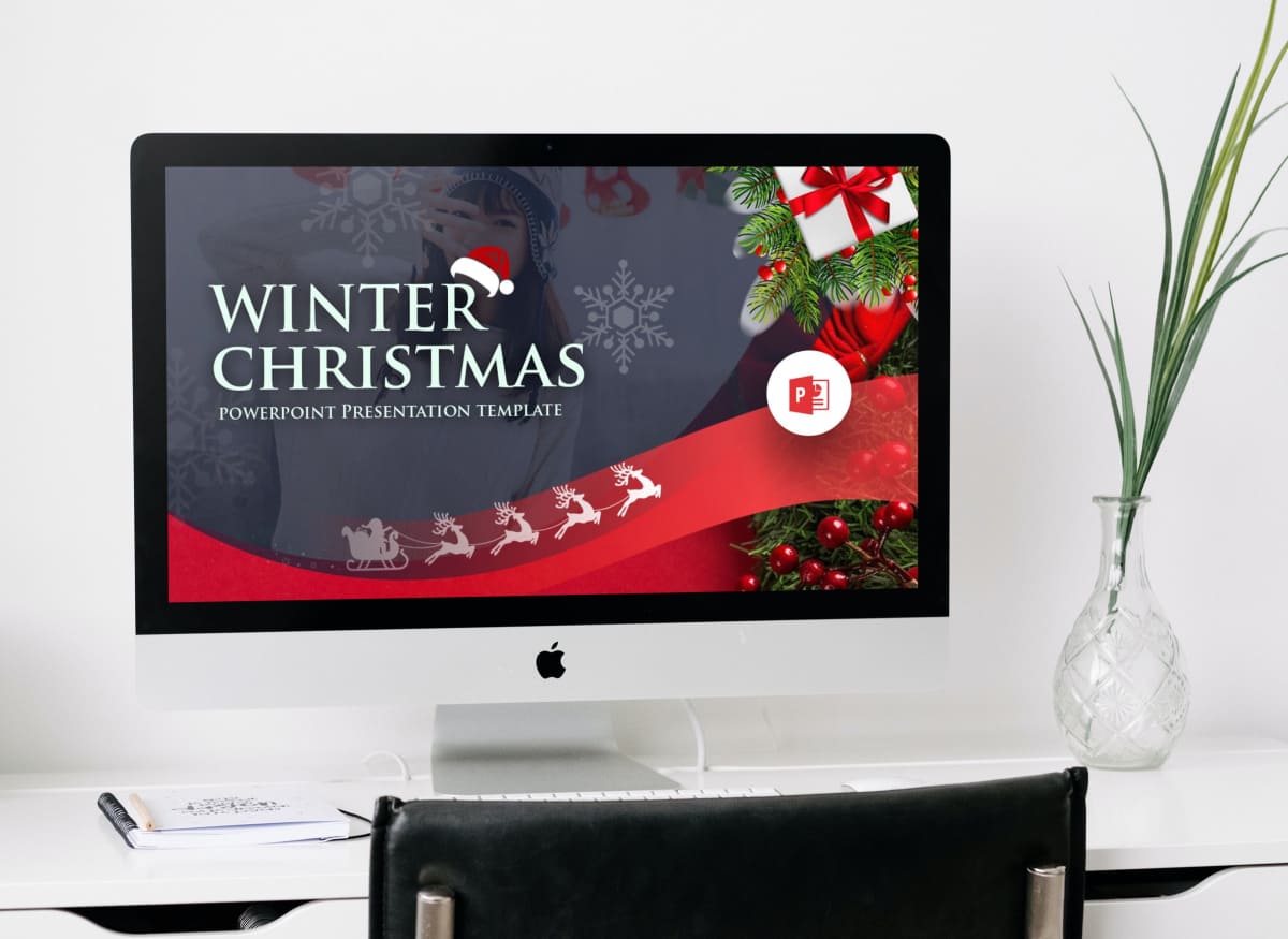 Winter Christmas PowerPoint Template by MasterBundles Desktop preview mockup image.