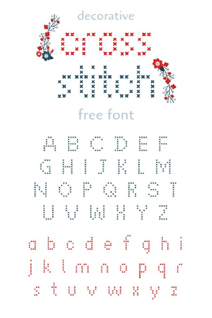 Pinterest collage image with cross stitch font free alphabet by MasterBundles.