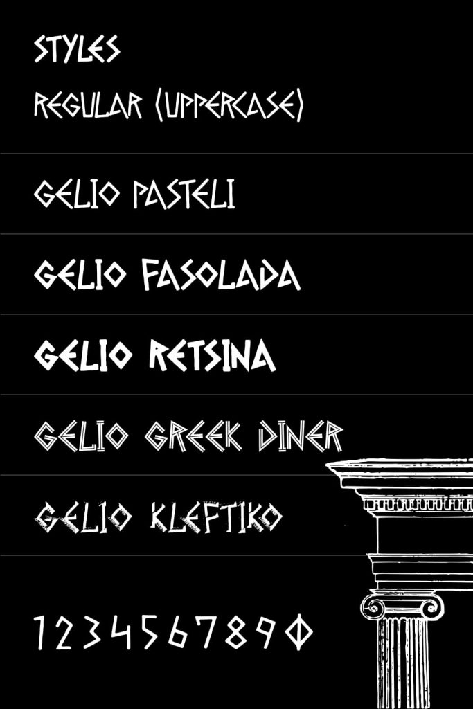 Different styles preview Pinterest for Gelio greek font free by MasterBundles.