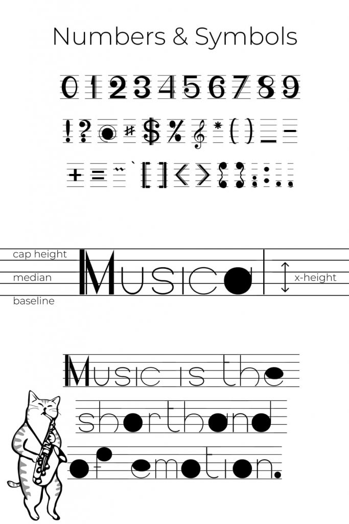Pinterest image with Numbers and Symbols preview for Musicografi free music font.