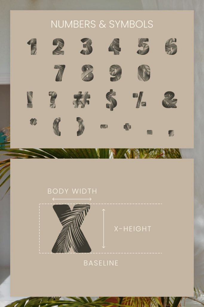 Free beach font Pinterest preview for numbers and symbols.