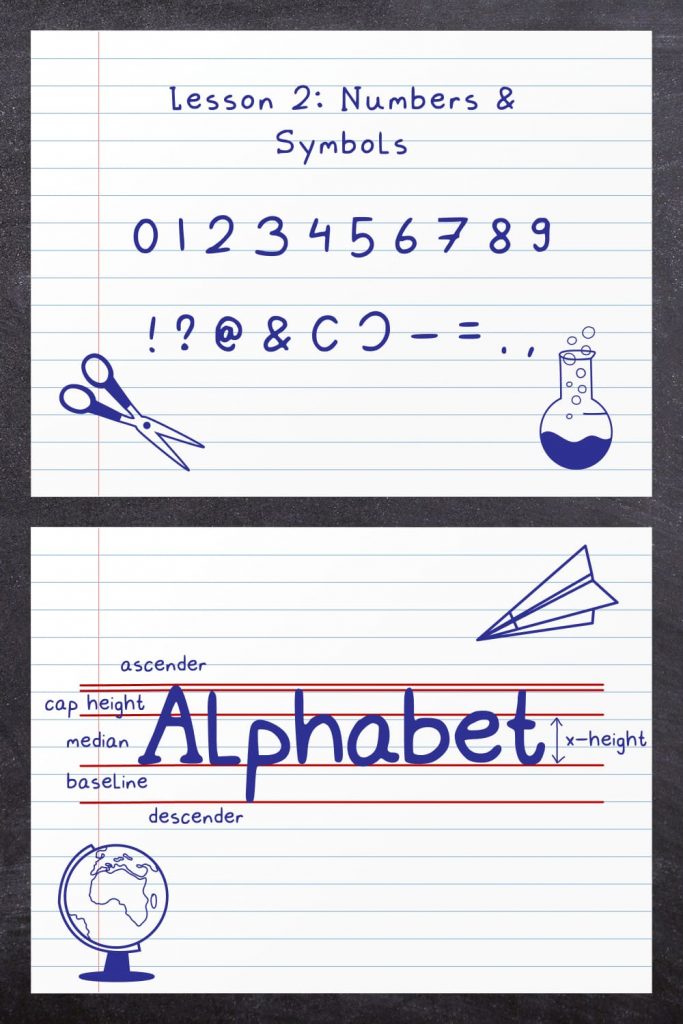 Schoolwork school font free Pinterest image with Numbers and Symbols.