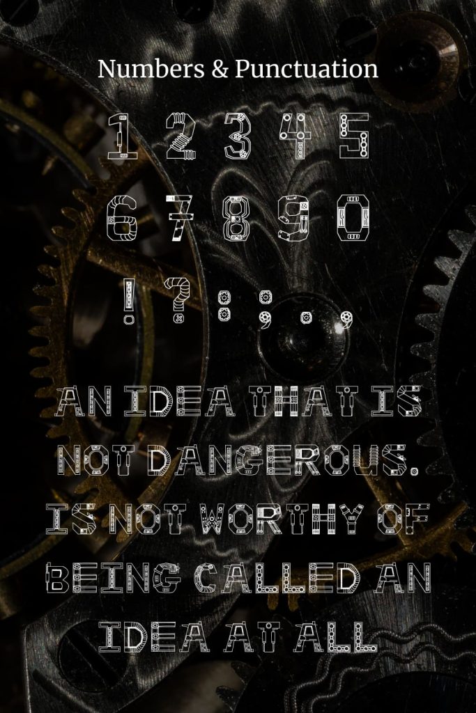 Numbers and Punctuation Pinterest preview for Steampunk Machinery - free steampunk font.