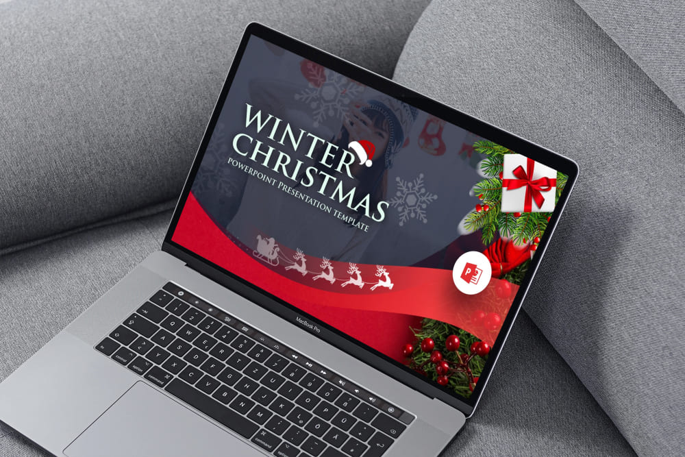 Winter Christmas PowerPoint Template Mockup.