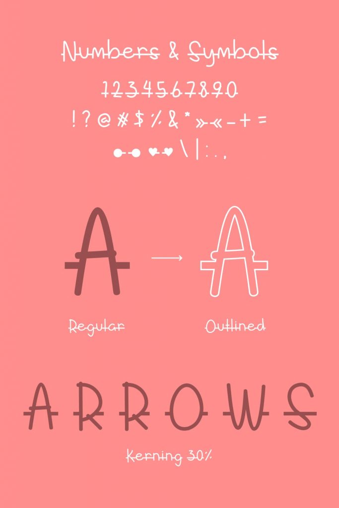 Numbers and symblos preview for Arrow font free Pinterest.