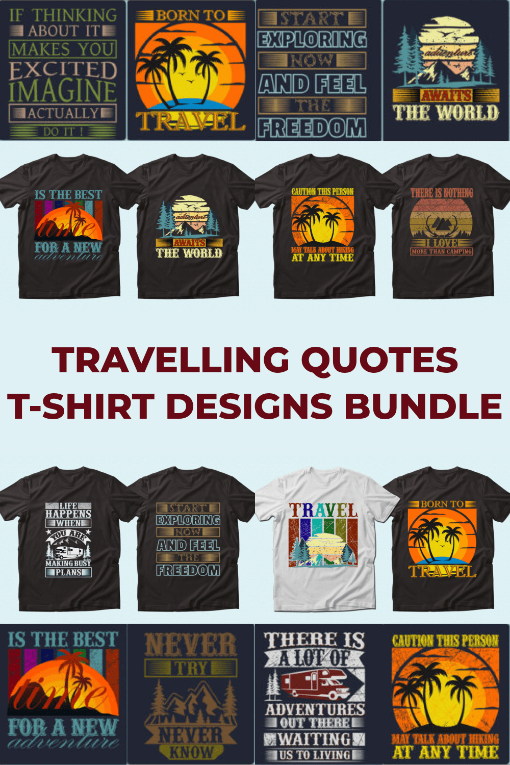 Trendy 20 Traveling T-shirt Designs by MasterBundles Pinterest Collage Image.