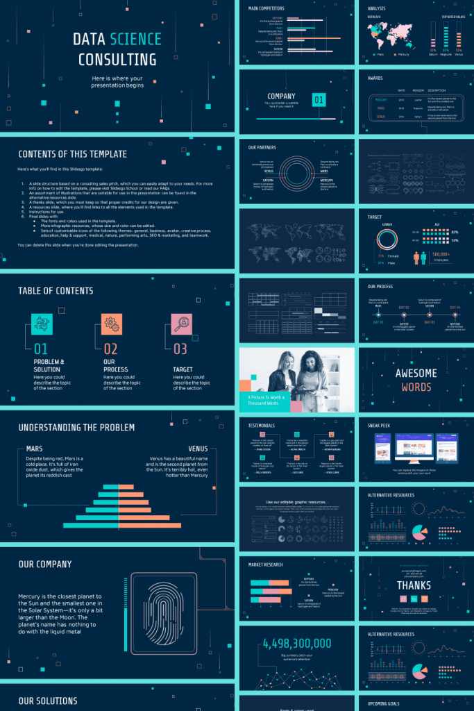 This is a large and roomy blue template. There are a lot of infographics here for presenting information in as simple a format as possible.
