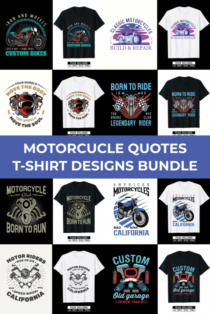 Motorcycle T-shirt Design Bundle by MasterBundles Pinterest Collage Image.