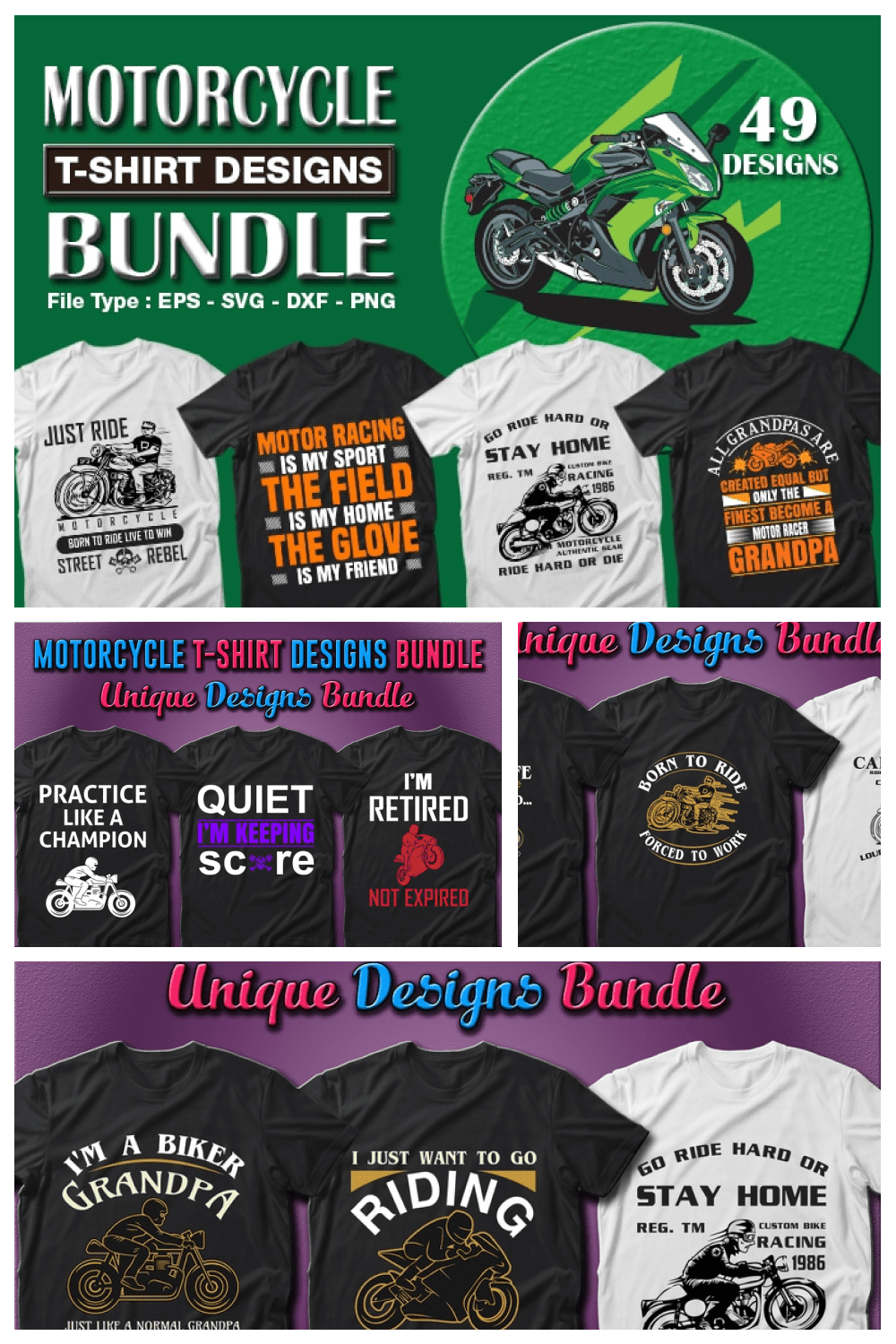 Best Selling 49 Motorcycle T-shirt Designs Bundle - MasterBundles - Pinterest Collage Image.