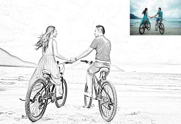 Couple on Bikes Sketch Effect Photoshop. Photos before and after.