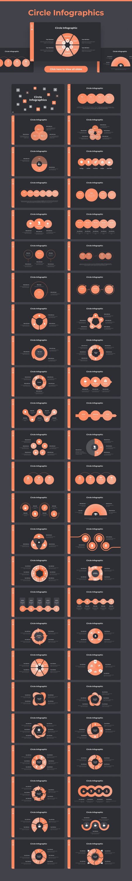 Circle infographics slides dark theme. Pitch Deck & Presentation V3.0.