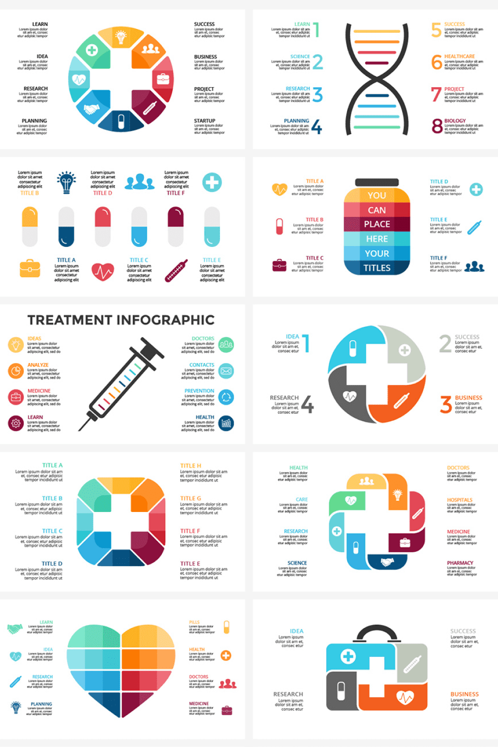 Collage of presentation pages with white background and colored medical elements.