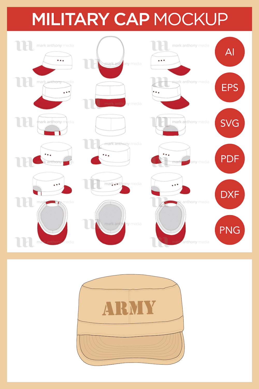 Military Army Castro Hat - Vector Template Mockup - MasterBundles - Pinterest Collage Image.