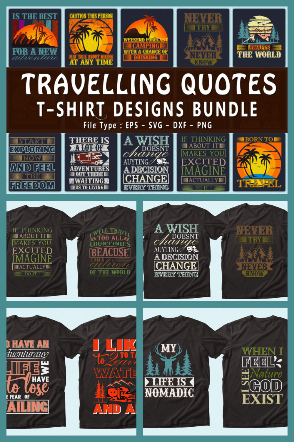 Trendy 20 Traveling T-shirt Designs - MasterBundles - Pinterest Collage Image.