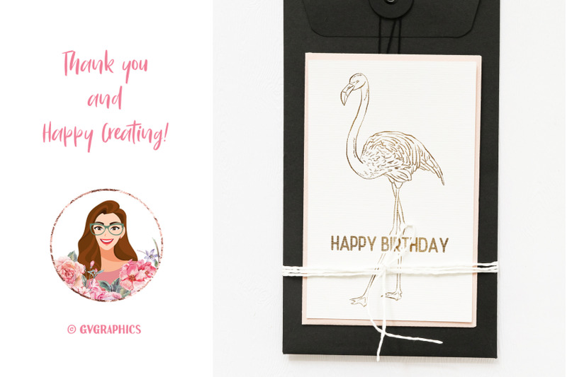 Greeting card with flamingos in gold color.