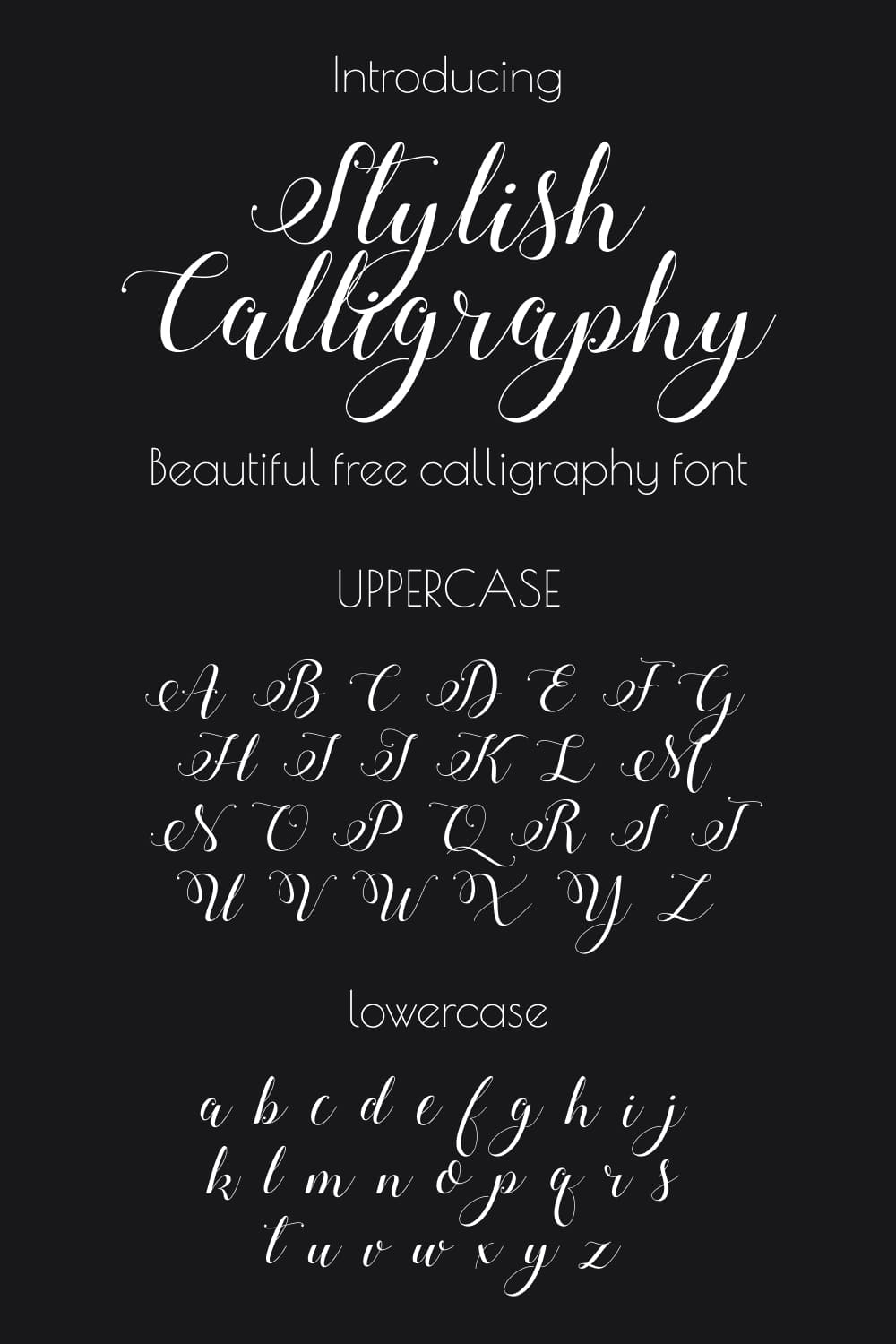 Beautiful free calligraphy font Alphabet example preview for Pinterest.