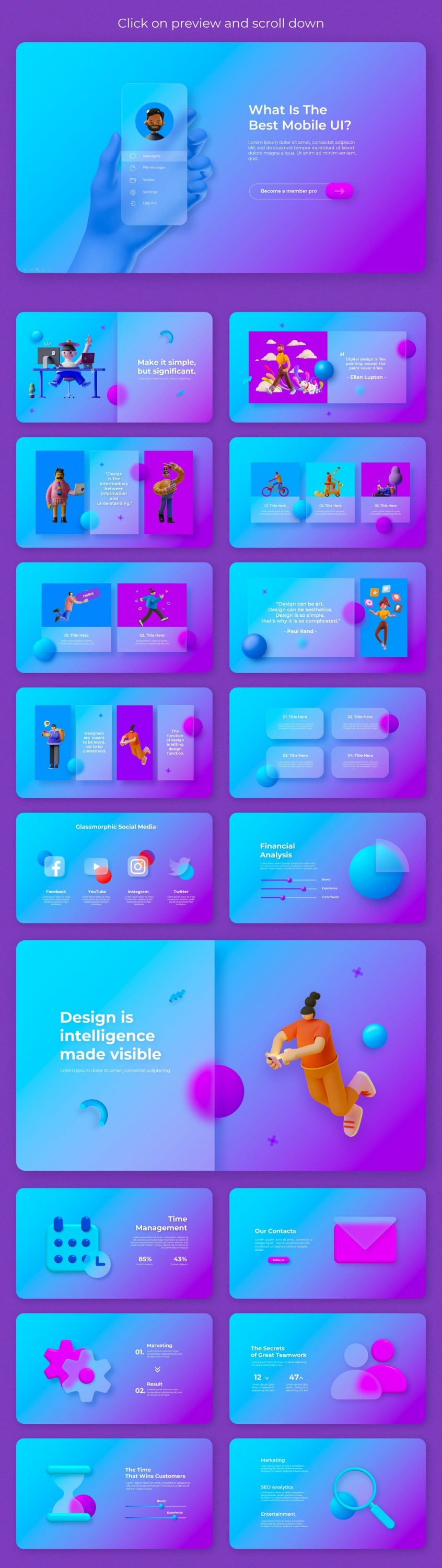 Preview slides with glassmorphism effect. Massive Animated PowerPoint Bundle.