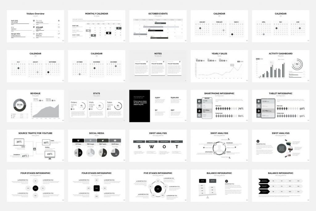 Pitch Deck - Presentation Dashboard black and white slides.