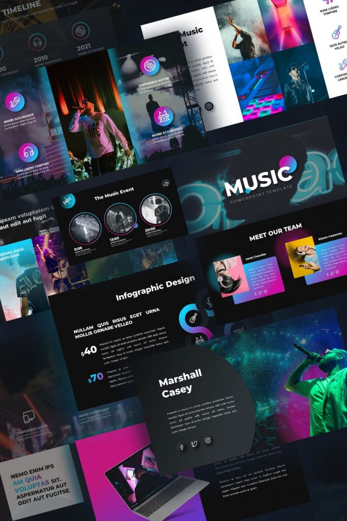 Preview 50 Slides Music Presentation Template 2021: Powerpoint, Google Slides & Keynote by MasterBundles Pinterest Collage Image.