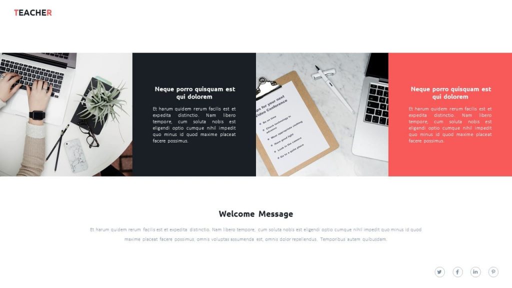 The welcome message is black and red. Teacher Presentation Template.