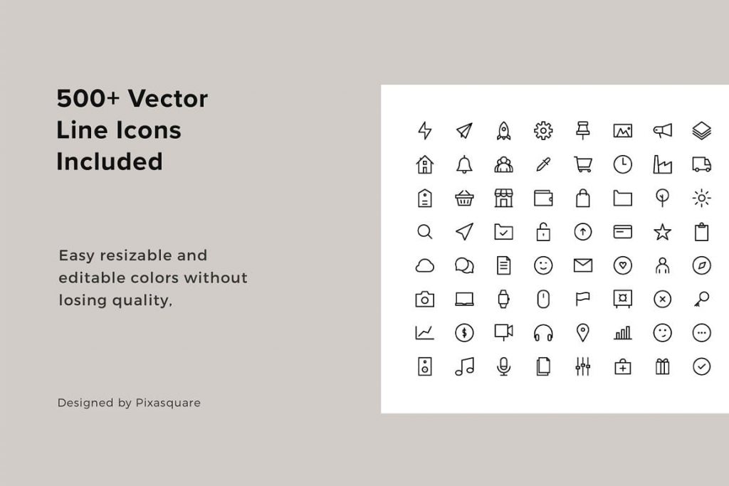 500+ Vector Line Icons in slides included Keynote Media / Press Kit Bundle.