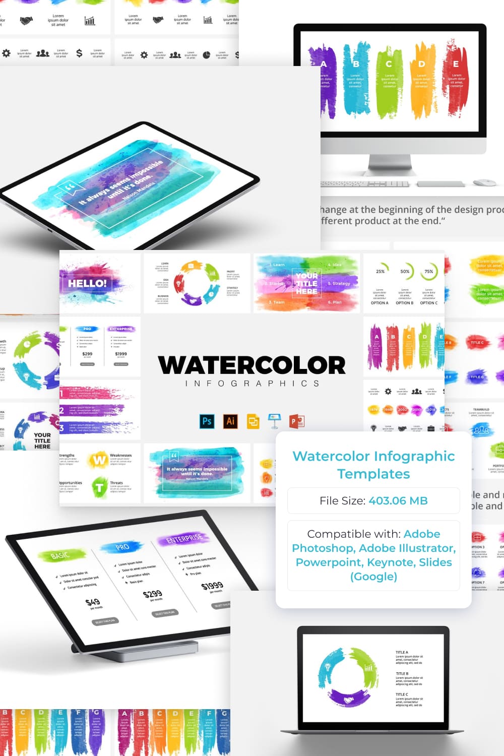 Watercolor Infographic Templates by MasterBundles Pinterest Collage Image.