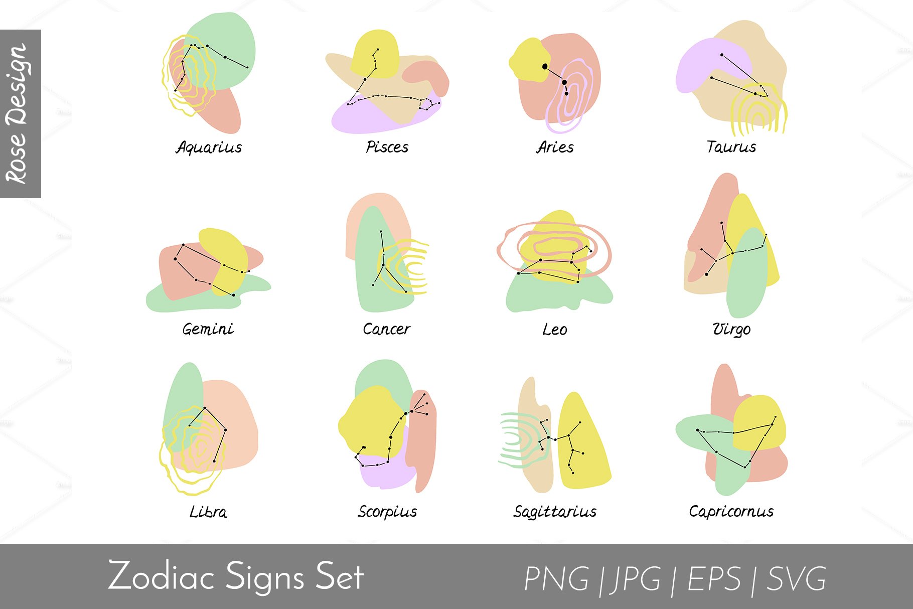 12 Examples Abstrac Zodiac Signs Vector Illustrations.