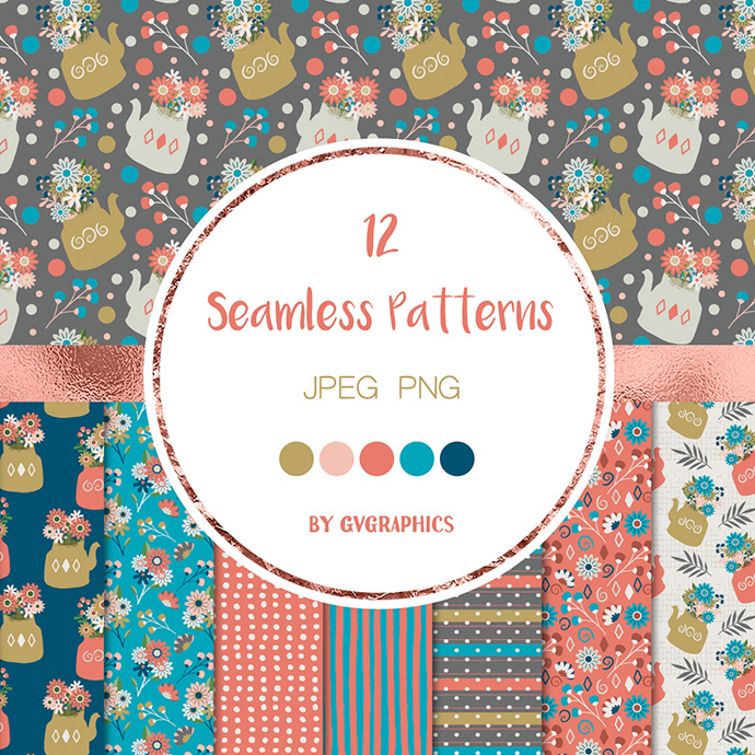 12 Flowers Berries and Teapots Seamless Patterns Preview.