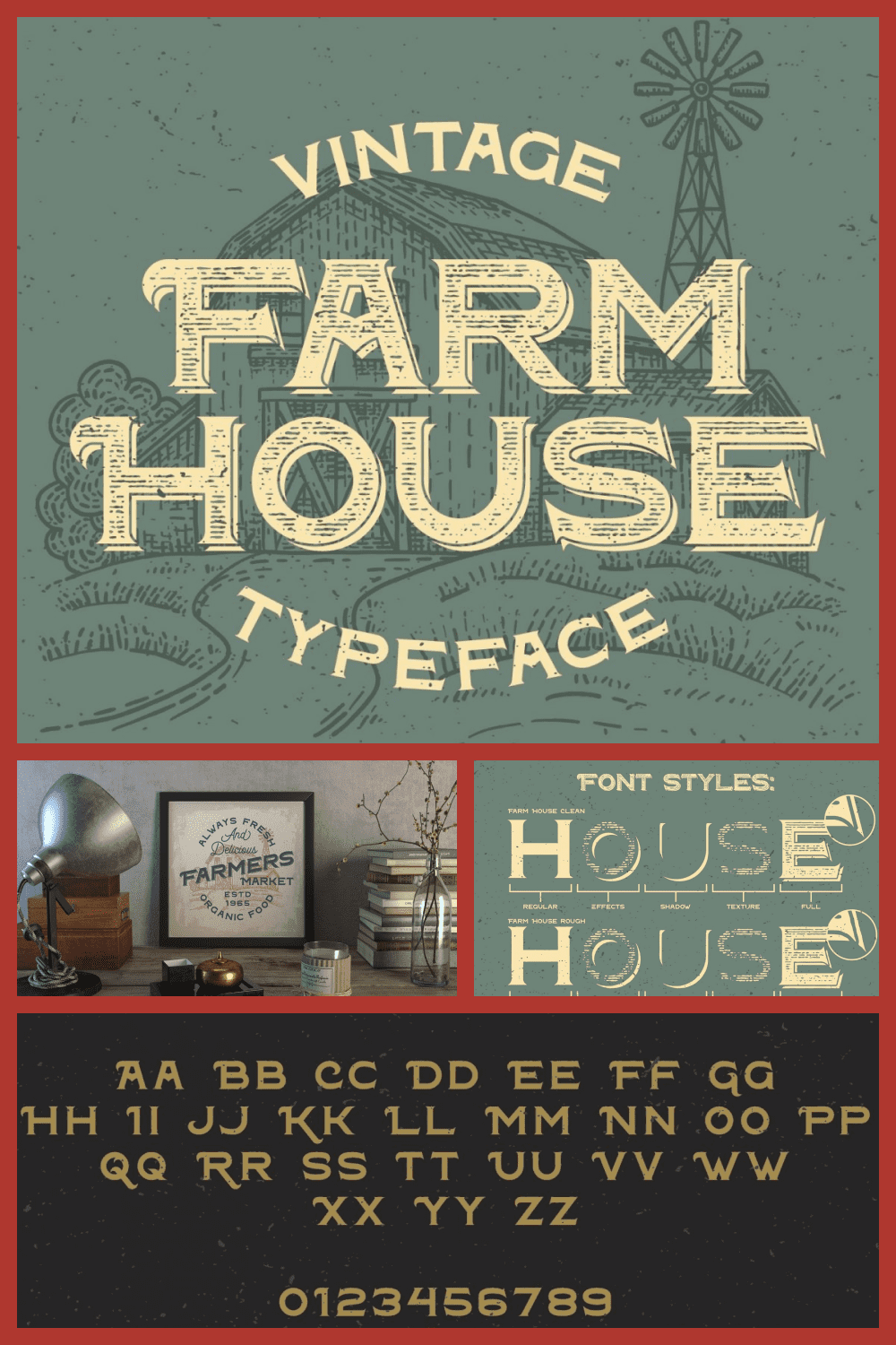 Farm House Vintage Typeface - MasterBundles - Pinterest Collage Image.