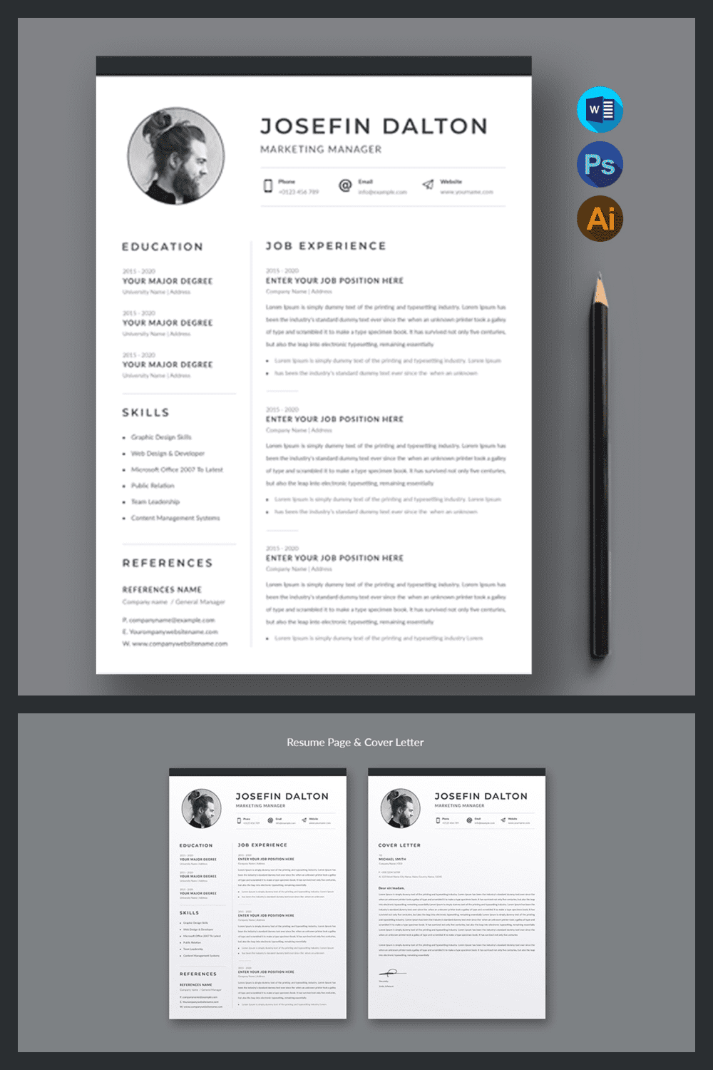 Clean Resume Template - MasterBundles - Pinterest Collage Image.