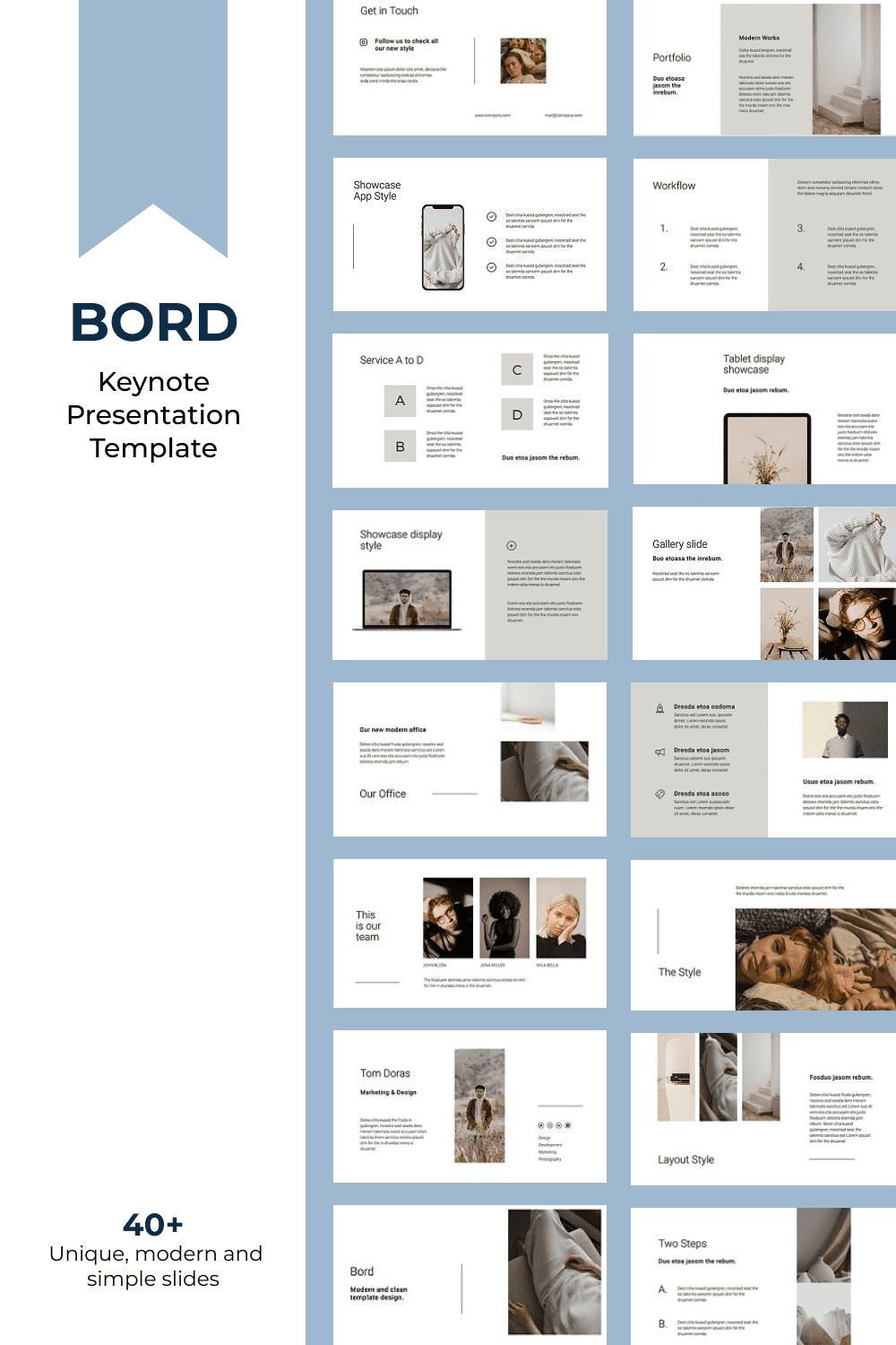 Collage of BORD presentation pages with white background and gray graphics.