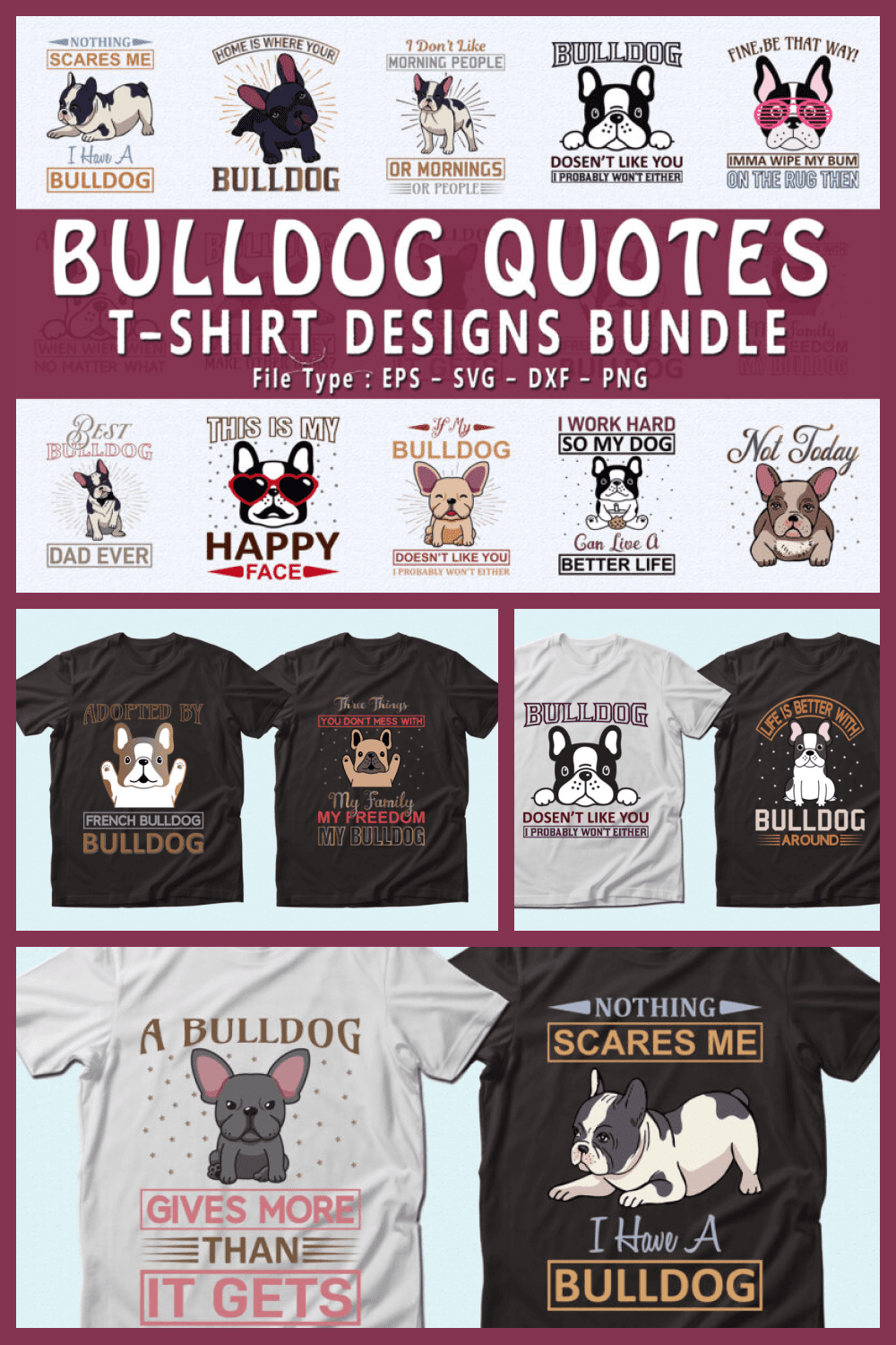 Trendy 20 Bulldog Quotes T-shirt Designs Bundle - MasterBundles - Pinterest Collage Image.