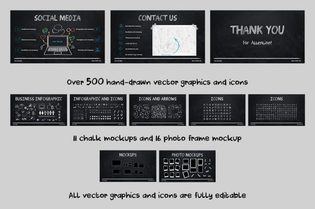 Over 500 Hand Drawn Vector Graphics & Chalk Icons - Powerpoint Template.