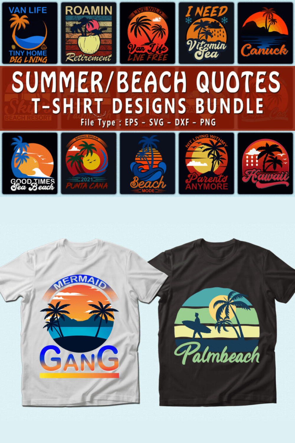 Trendy 20 Beach & Summer Quotes T-shirt Designs Bundle - MasterBundles - Pinterest Collage Image.