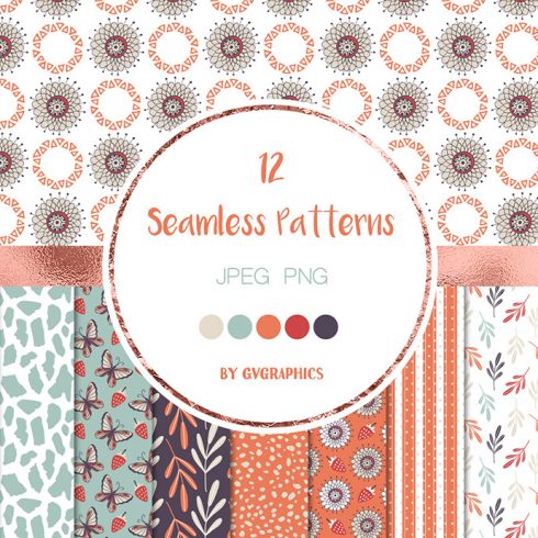 Butterflies Roses and Strawberries Seamless Patterns Preview.