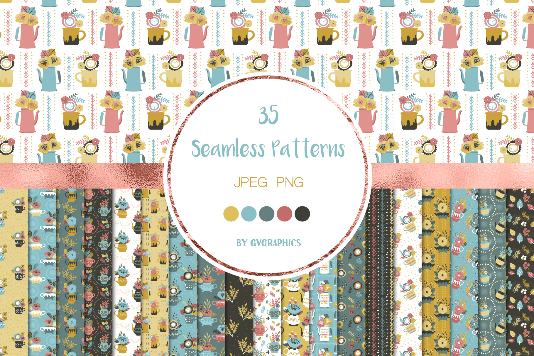 Flowers and Teapots Seamless Patterns.