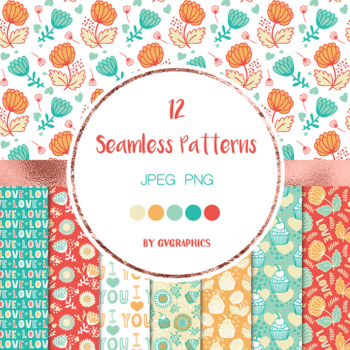 Love Muffins and Flowers Seamless Patterns Preview.