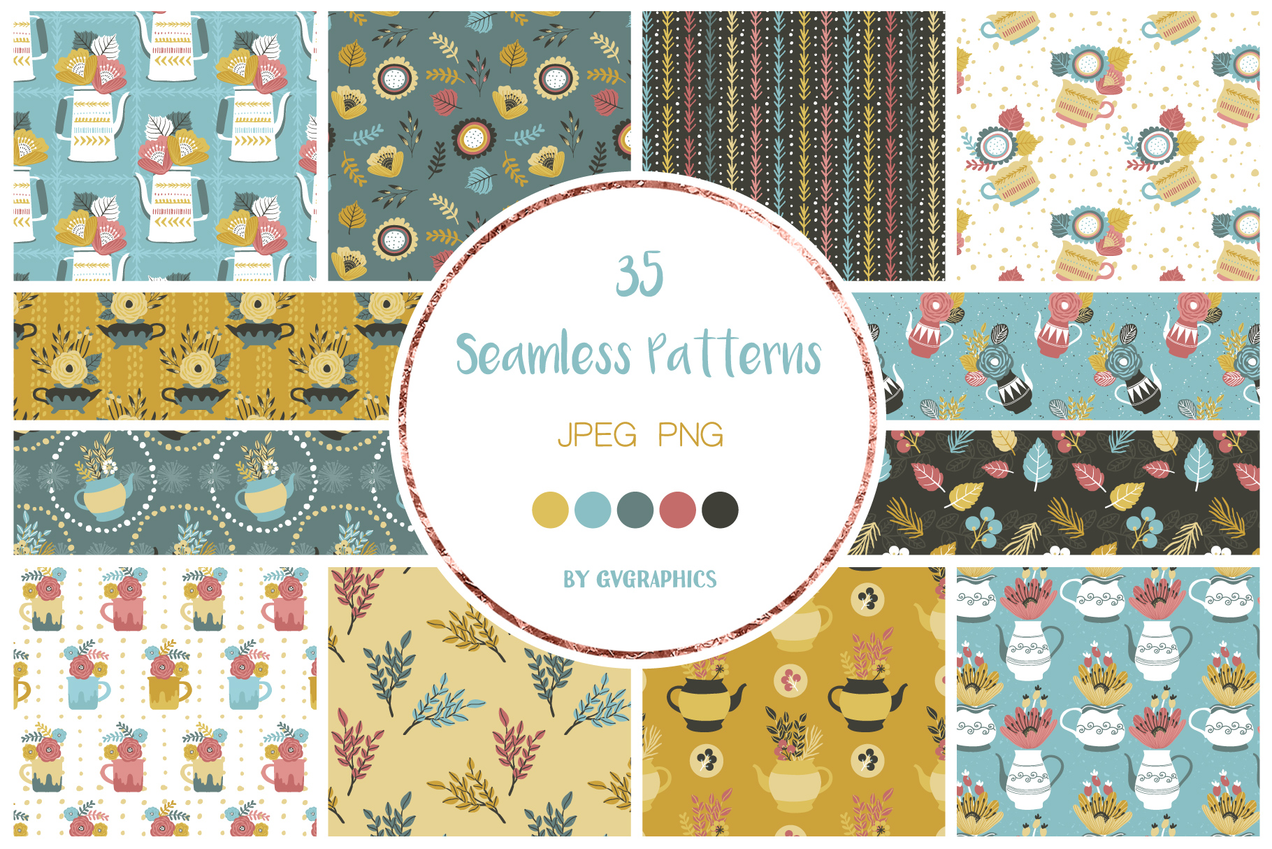 Preview Flowers Teapots Seamless Patterns.