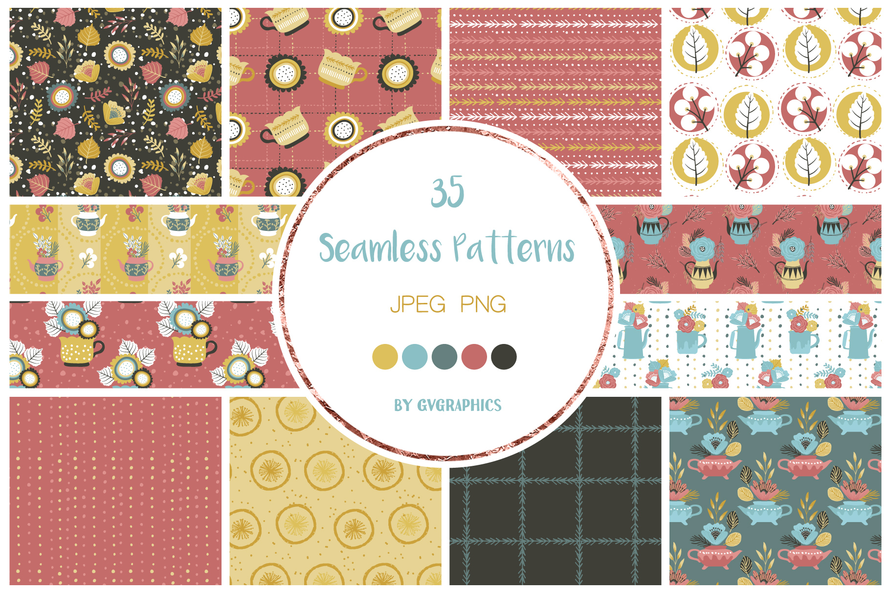Seamless Patterns with Flowers and Teapots Repeat Picture